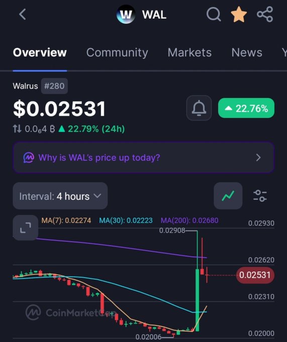 A CoinMarketCap screenshot showing the Walrus (WAL) cryptocurrency at $0.02531, up 22.79% in 24 hours, with a 4-hour price chart displayed.