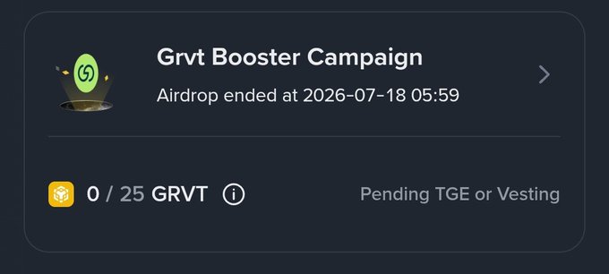 A dark interface displaying a "Grvt Booster Campaign" that has ended at 2026-07-18, showing 0/25 GRVT earned with a "Pending TGE or Vesting" status.