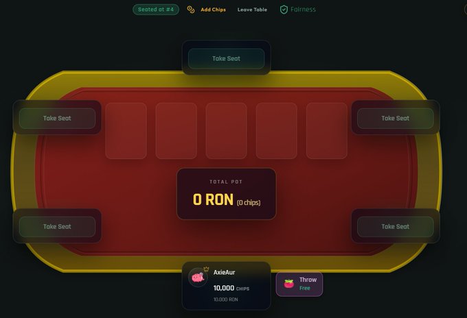 A digital poker table interface with a red felt surface, showing empty 'Take Seat' positions, a 'Total Pot' of '0 RON (0 chips)', and a player card for 'AxieAur' with 10,000 chips at the bottom.