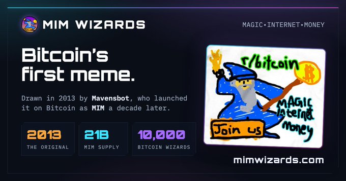 A promotional graphic for 'MIM WIZARDS' (Magic Internet Money) describing it as 'Bitcoin's first meme,' originally drawn in 2013 by Mavensbot, with a wizard illustration and stats: 2013, 21B supply, 10,000 Bitcoin Wizards.