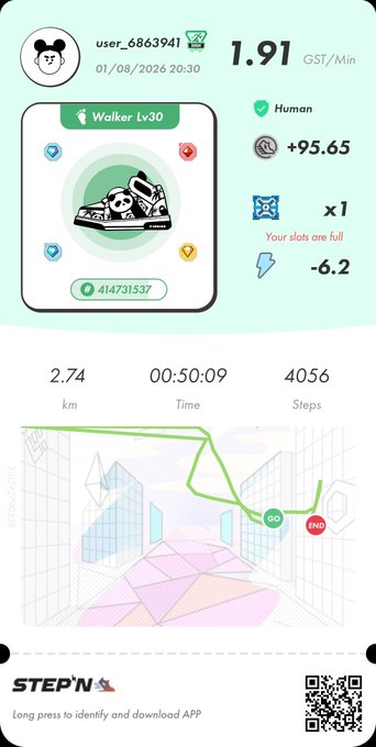 A screenshot from the STEP'N app displays user activity stats including '1.91 GST/Min', '+95.65', 'Walker Lv30', '2.74 km', and a walking route on a map.