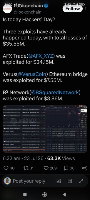 A screenshot of a tweet by @lookonchain asking 'Is today Hackers' Day?' documenting three exploits totaling $35.55M losses, including AFX Trade, Verus Ethereum bridge, and B² Network.