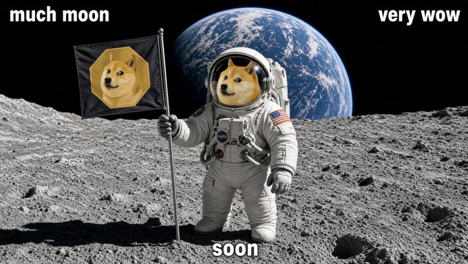 A meme showing an astronaut with a Shiba Inu face planting a flag bearing the Doge meme on the moon, with Earth in the background and the text 'much moon', 'very wow', and 'soon'.