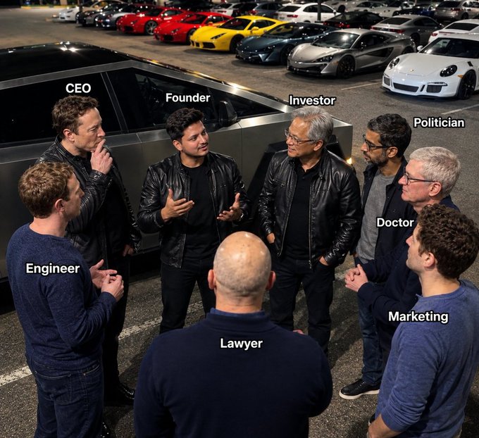 A group of men standing in a circle in a parking lot filled with luxury and sports cars, with labels identifying them as CEO, Founder, Investor, Politician, Doctor, Engineer, Lawyer, and Marketing.