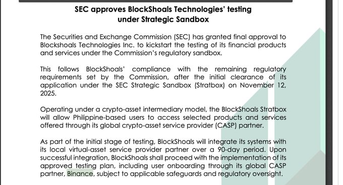 An article titled 'SEC approves BlockShoals Technologies' testing under Strategic Sandbox' detailing regulatory approval for a crypto-asset intermediary model partnering with Binance as its CASP.