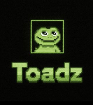 A pixel art logo featuring a green smiling frog face inside a square frame above the green text 'Toadz' on a black background.
