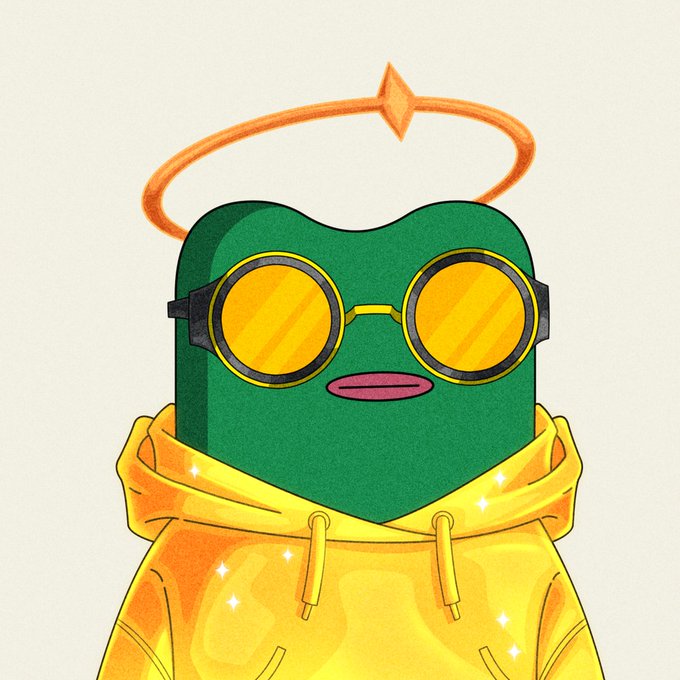 An illustration of a green character wearing yellow round sunglasses and a yellow hoodie, with an orange halo floating above its head.
