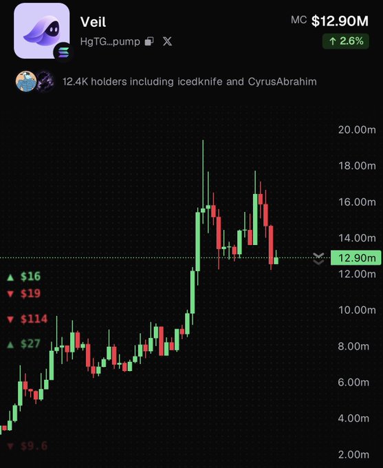 A candlestick chart of the meme coin $Veil (HgTG...pump) showing a market cap of $12.90M with 12.4K holders, including icedknife and CyrusAbrahim, illustrating the token's volatile price action with recent highs near $20m and a current 2.6% uptick at $12.90M.