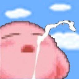 A pixel art illustration of a pink blob-like character with closed eyes, red lips, and white liquid streaming from its nose against a blue sky with clouds, a popular image used to express crying or extreme laughter online.