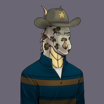 A digital illustration of an anthropomorphic character with a giraffe-like spotted face wearing a sheriff's hat and a striped blue and brown sweater.