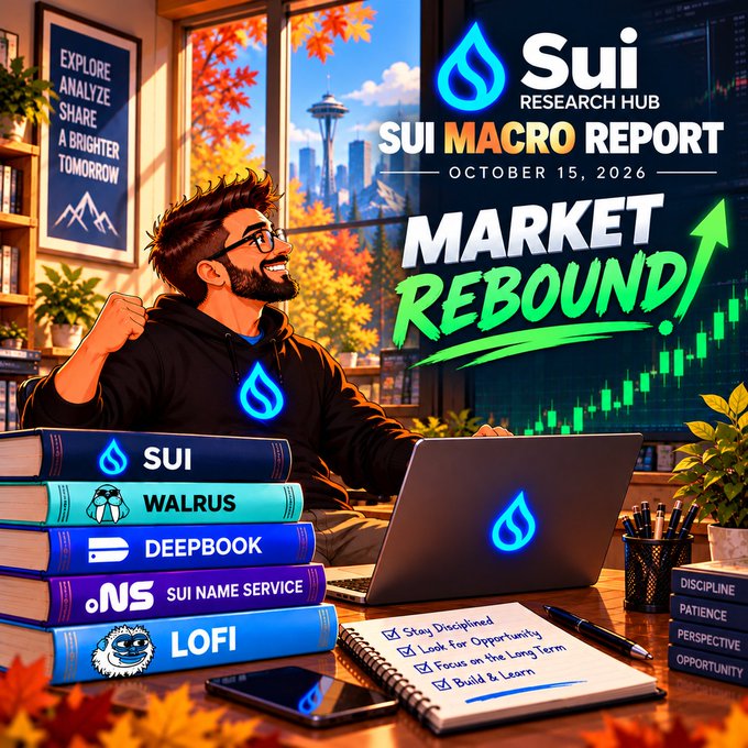 Sui Research Hub promotional graphic titled 'SUI MACRO REPORT - OCTOBER 15, 2026' announcing 'MARKET REBOUND!' with a checklist and book labels including 'SUI', 'WALRUS', 'DEEPBOOK', 'SUI NAME SERVICE', and 'LOFI'.