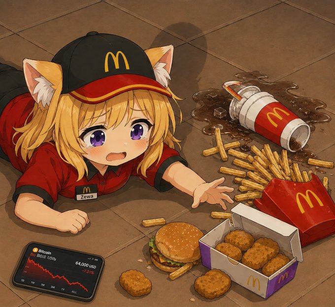 The image features a cartoon girl with blonde hair wearing a red shirt and hat, lying on her stomach on the floor surrounded by fast food items such as french fries, hamburgers, and a Mcdonald's drink. The scene also includes a cell phone and a wallet placed nearby. The post is titled "First day on the job FML Last hope is @Polymarket & @HyperliquidX Save us, I don' wanna go back to 9-5 any longer".
