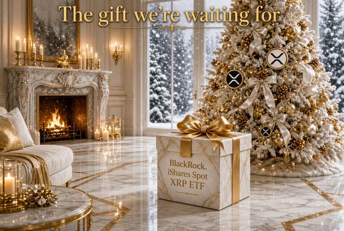 A luxurious holiday scene features a glowing fireplace, a glittering Christmas tree, and an ornate marble gift box labeled "BlackRock iShares Spot XRP ETF" tied with a gold bow, beneath the golden text "The gift we're waiting for."

The image ties into the post by visually portraying the anticipated BlackRock XRP Spot ETF filing as a coveted "gift" under the tree, humorously framed as the holiday present the XRP community is awaiting ahead of the poster's predicted deadline.