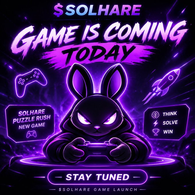 A vibrant purple promotional graphic announcing '$SOLHARE GAME IS COMING TODAY' with a hooded rabbit character holding a controller, promoting 'SOLHARE PUZZLE RUSH' and the tagline 'STAY TUNED'.