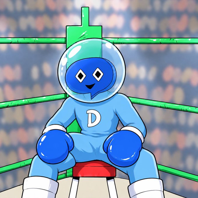 An animated/AI-generated character in a blue outfit and bubble helmet with a 'D' logo, sitting in a boxing ring corner wearing blue gloves.
