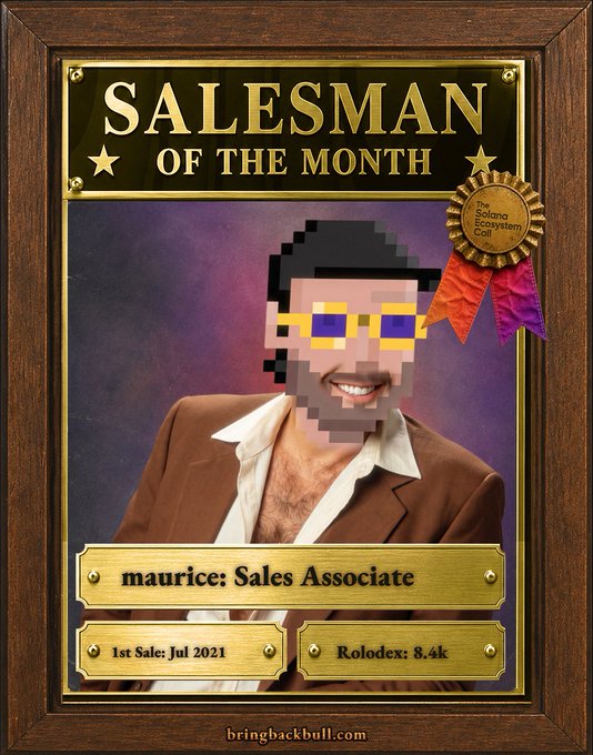 A 'Salesman of the Month' award plaque for 'Maurice: Sales Associate' with text '1st Sale: Jul 2021' and 'Rolodex: 8.4k' at the bottom, featuring a pixelated face overlay.