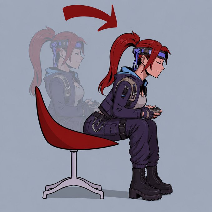 A digital illustration showing a red-haired female character in a purple jacket and bandana gaming on a controller while sitting on a modern red chair, with a faded reflection of herself behind her.