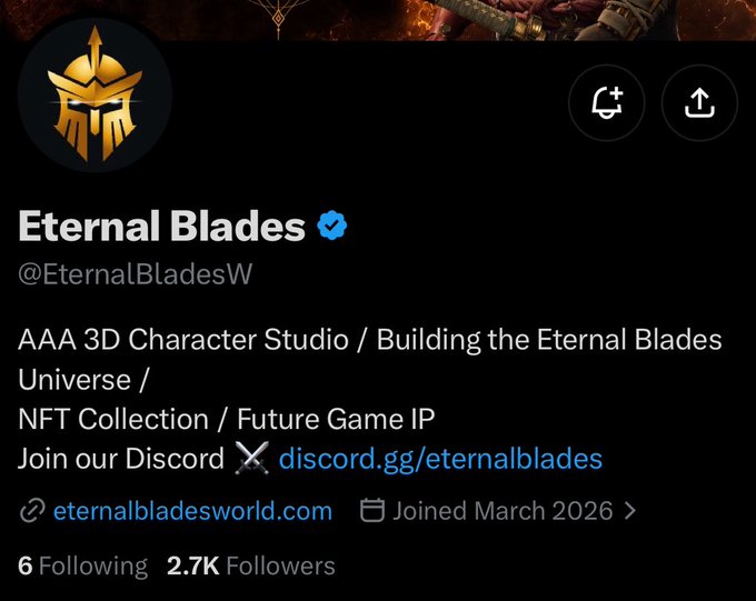 A Twitter/X profile page for "Eternal Blades" (@EternalBladesW) describing themselves as an "AAA 3D Character Studio" building an NFT collection and future game IP, with 2.7K followers and a discord.gg link.