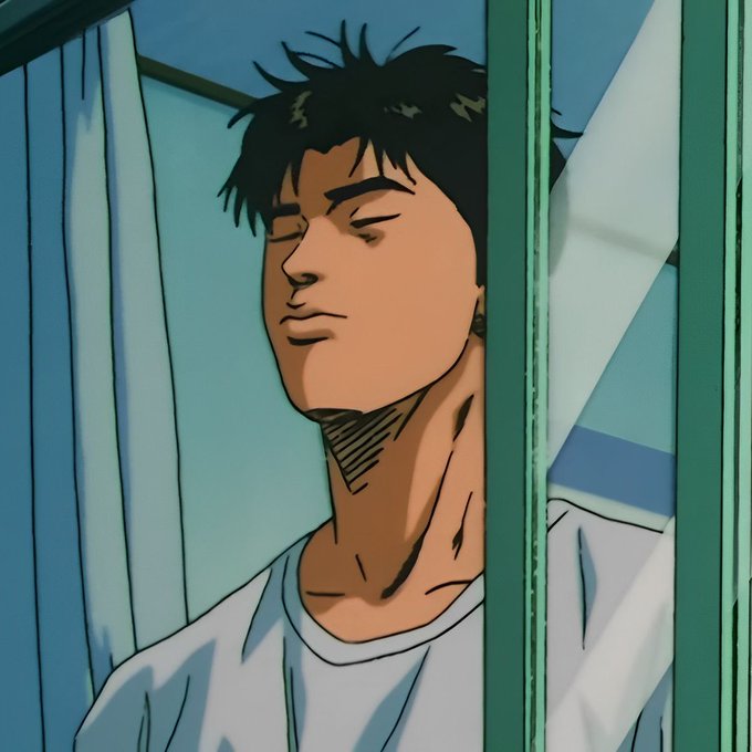 An anime-style illustration of a young man with messy black hair leaning against a window with green frames, his eyes closed.