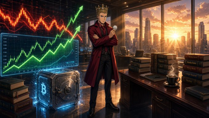 An anime-style illustration of a man wearing a crown and red coat holding a Bitcoin, standing in an office with a vault, stock charts, and books labeled 'Nerdai Books'.