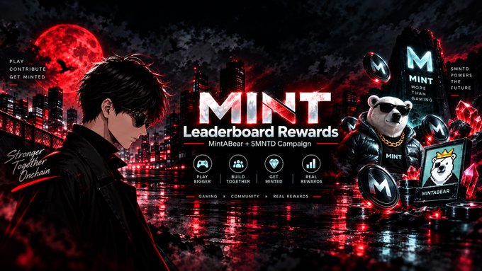 A promotional banner for 'MINT Leaderboard Rewards' featuring a MintABear + $MNTD Campaign with a dark anime-style aesthetic, red moon background, and a bear character wearing sunglasses and a gold chain.