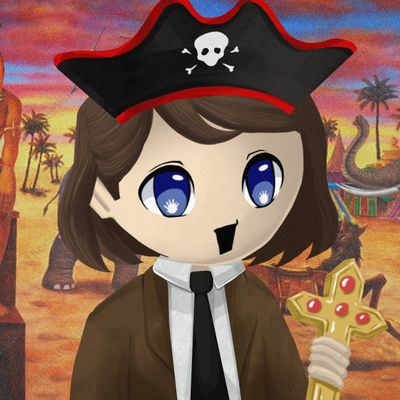 A chibi-style cartoon character dressed as a pirate with a skull-and-crossbones hat, holding a jeweled golden cross, set against a desert sunset background with palm trees and an elephant.