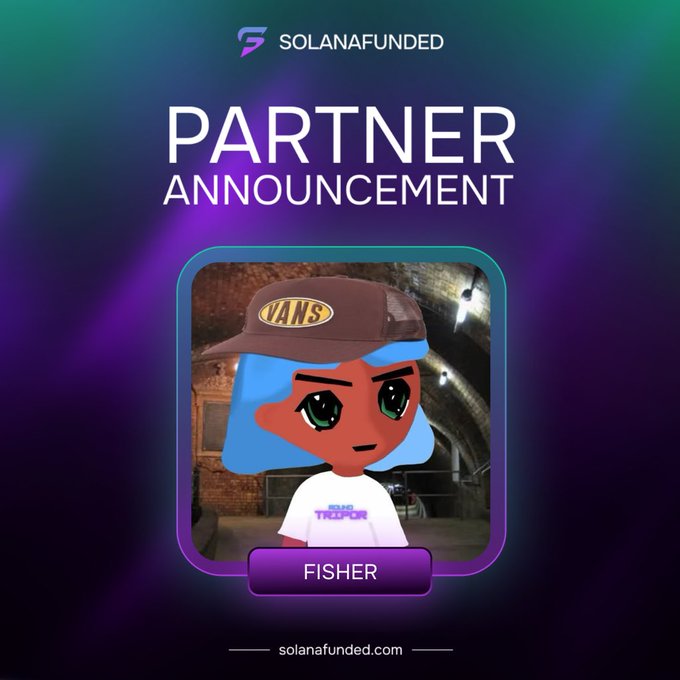 The image features a young girl with blue hair wearing a baseball cap standing in front of an arrow pointing towards her head and below she reads "partner" accompanied by "announcement", as well as some text that says "I am excited to announce my partnership with Solana Funded as an official trading affiliate!".