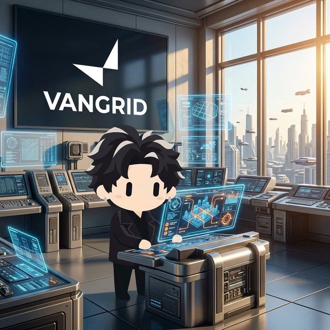 A chibi-style animated character in a suit works at a high-tech control console with the 'VANGRID' logo displayed on a large screen behind him.