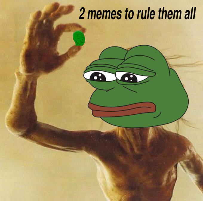 A Pepe the Frog meme is edited onto a Gollum character with the text '2 memes to rule them all'.