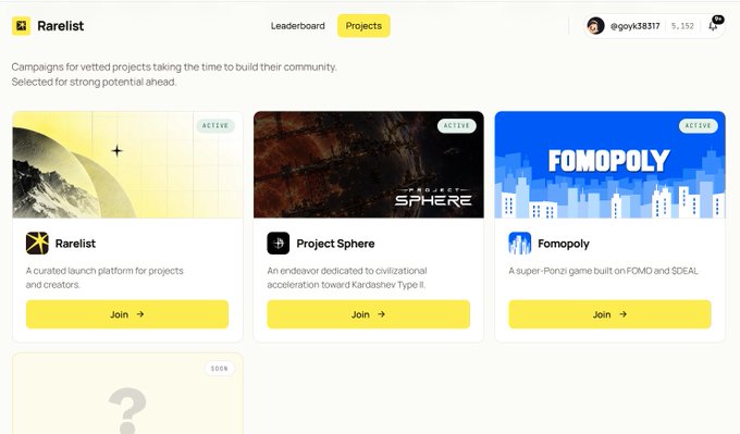 A screenshot of the “Rarelist” website shows a projects page with campaign cards for “Rarelist,” “Project Sphere,” and “Fomopoly,” each marked “ACTIVE” with a yellow “Join” button. The page text includes “Campaigns for vetted projects taking the time to build their community” and “Selected for strong potential ahead.”