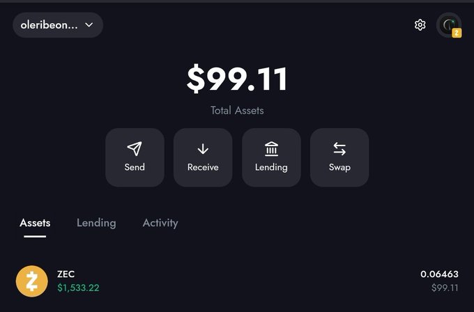 A digital wallet interface displays 'Total Assets $99.11' for user 'oleribeon...', showing options for Send, Receive, Lending, and Swap, along with an asset holding of 'ZEC' valued at '$1,533.22'.