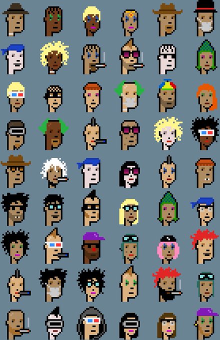 A grid of pixel-art character portraits with diverse hairstyles, hats, sunglasses, and facial hair, rendered in a stylized retro video game aesthetic.