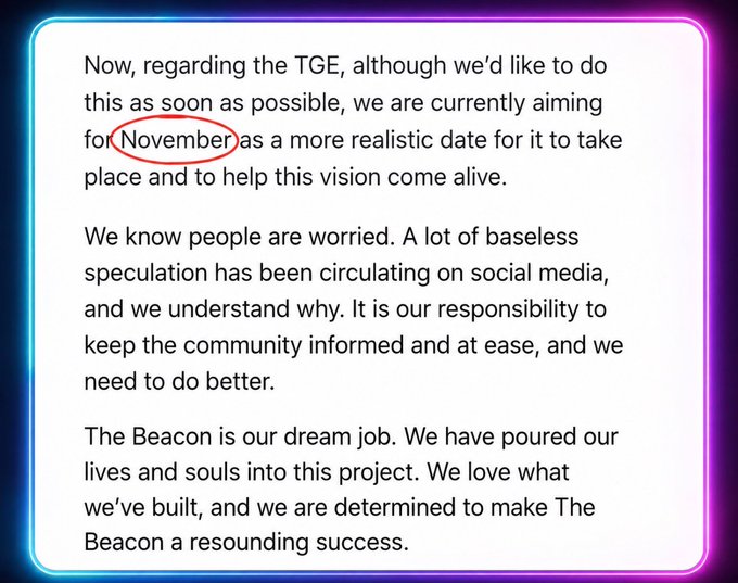 The image highlights "November" circled in red within an announcement, confirming The Beacon project has delayed its Token Generation Event (TGE) to that month, as referenced in the Vietnamese post about The Beacon postponing its launch and migrating from Arbitrum to Abstract.