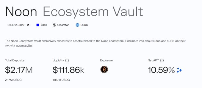 A webpage for the 'Noon Ecosystem Vault' showing a total deposit of $2.17M (2.17M USDC), liquidity of $111.86k, and a net APY of 10.59%, linked to address 0x8812...78AF on Base network via Clearstar with USDC.