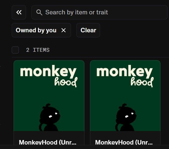 A digital marketplace interface filtered by 'Owned by you' showing two 'MonkeyHood' NFT items with a green background featuring a stylized monkey character.