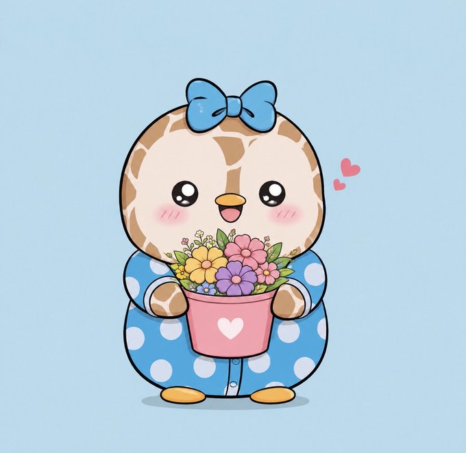 An illustration of a cute, round bird-like character wearing a blue bow and blue polka-dot pajamas, holding a pink pot of colorful flowers.