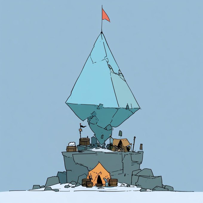 The image depicts a whimsical frozen outpost perched atop a jagged ice floe, dominated by a towering, cracked ice crystal monument topped with a red flag, with a small tent at its base suggesting a remote, abandoned mining camp. The scene's isolated, weathered, and frozen-in-time feel visually echoes the project's "paused" status—evoking a sense of a settlement waiting in suspended animation, with eligibility checks still on the horizon.