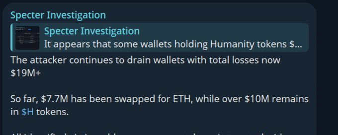 In the image, there's a screenshot of an investigation page for a cryptocurrency called "Ethereum". The investigation appears to be ongoing and focuses on how some wallets are holding "Humanity tokens" which have been compromised by a botnet attack. The text on the investigation page states that "Some wallets hold H units' worth of Humanity tokens, now the attack continues to drain these wallets with total losses."