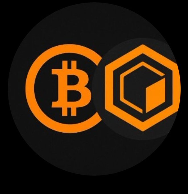 A logo combining the Bitcoin symbol with an orange hexagon cube design is displayed on a dark circular background.