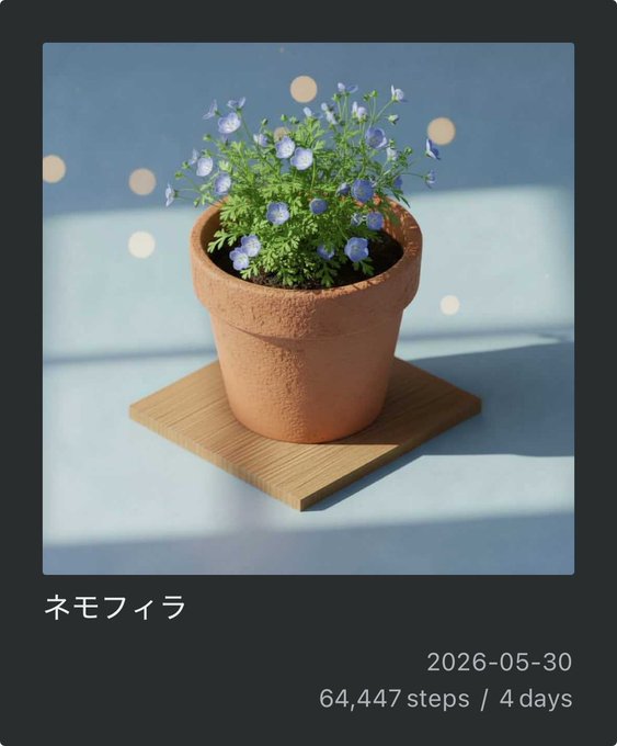 The image features a small potted plant with blue flowers, placed on top of a wooden stand or tray. The pot has a brown color that contrasts with the vibrant blue flowers. The background appears to be a light blue color, which complements the overall appearance of the scene. The post includes text in both Japanese and English, discussing the number of steps taken during the past four days.