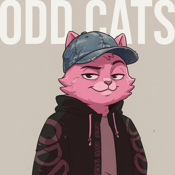 Digital artwork of a pink cat character wearing a blue denim cap and black hoodie with 'ODDCATS' branding, displayed in front of large 'ODD CATS' text.