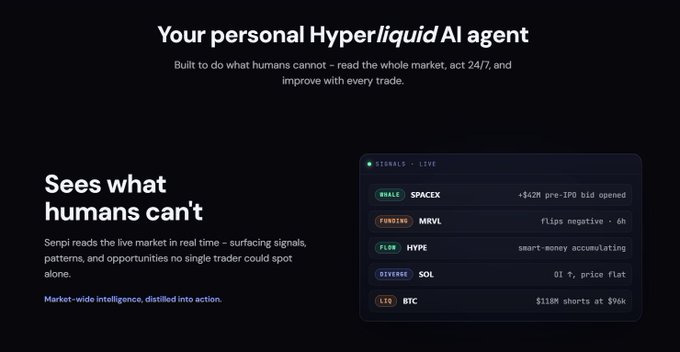 A dark-themed promotional graphic for Senpi's Hyperliquid AI trading agent, headlined "Your personal Hyperliquid AI agent," highlighting that "Senpi reads the live market in real time" with a "SIGNALS · LIVE" panel showing alerts like "$1.2M pre-IPO bid opened" for SPACEX (WHALE), MRVL "flips negative · 6h" (FUNDING), HYPE "smart-money accumulating" (FLOW), SOL "Oi ↓, price flat" (DIVERSE), and "$118M shorts at $96k" for BTC (LIQ) — visually reinforcing the waitlist post's pitch of an AI agent that detects market signals 24/7 ahead of its July 7 phased opening.