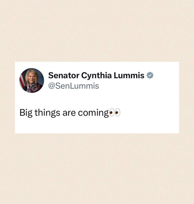 A tweet from Senator Cynthia Lummis (@SenLummis) reading "Big things are coming" with wide-eye emojis, shown as a teaser ahead of an anticipated Senate vote on the Clarity Act and its potential implications for crypto.
