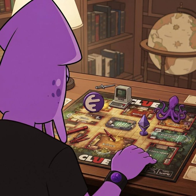 A cartoon illustration of a purple octopus-like character playing a game of Clue, but with cryptocurrency-themed tokens (Ethereum, Octopus, etc.) replacing the traditional game pieces, with a retro computer, globe, and books in the background.
