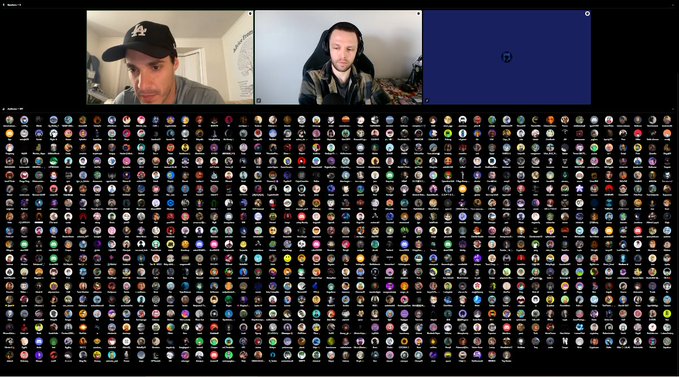 A screenshot of a video call with two participants visible at the top, while the bottom portion displays a Discord-style interface filled with numerous user avatars and emojis.