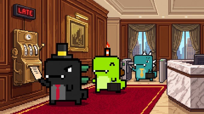 Pixel art scene featuring three cartoon characters—a black ninja, a green monster, and a blue creature—standing in an elegant lobby with wood-paneled walls, a red carpet, and a clock on the wall.