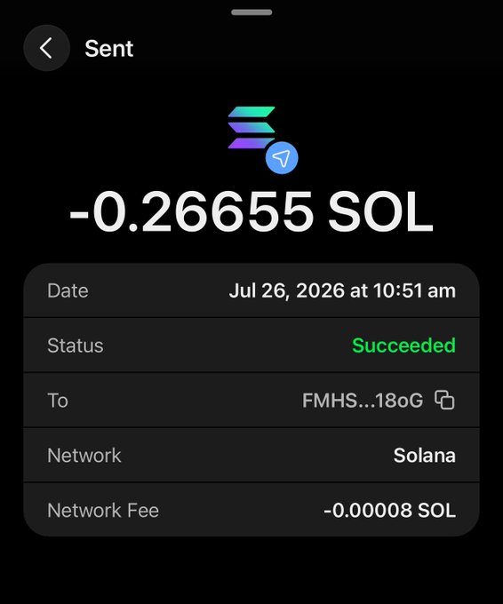 A mobile screenshot of a successful transaction showing **-0.26655 SOL** sent to address **FMHS...18oG** on the **Solana** network on **Jul 26, 2026**, with a network fee of -0.00008 SOL. The image serves as proof of the "Sent you some solana" giveaway mentioned in the post, likely part of a crypto giveaway engagement scheme requiring retweets.