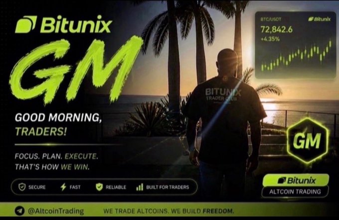 A Bitunix promotional graphic featuring a silhouetted figure looking at a sunset, displaying BTC/USDT at 72,842.6 (+4.35%) and the slogan 'GOOD MORNING, TRADERS! FOCUS. PLAN. EXECUTE. THAT'S HOW WE WIN.' with the Bitunix Traders Club logo.