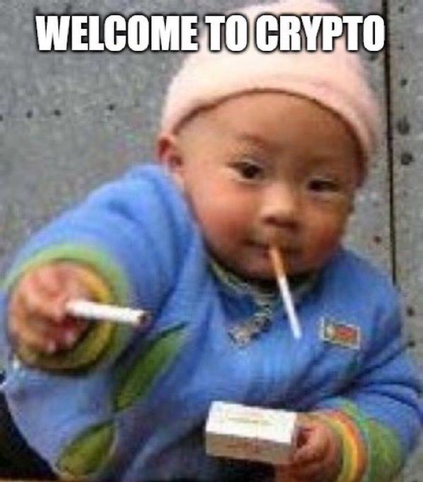 The meme shows a baby in a pink hat and blue jacket holding a cigarette in one hand and a matchbox in the other, with "WELCOME TO CRYPTO" in white Impact font across the top. The image humorously reinforces the caption's message by depicting the shocking sight of a young child smoking—a "what were you thinking getting into this?" vibe that mirrors the reckless naivety of newcomers blaming veteran traders for losses rather than taking responsibility for their own decisions.