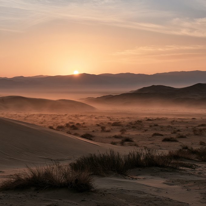 A serene desert landscape at sunset, featuring sand dunes, distant mountains, and sparse desert vegetation under a warm orange sky.